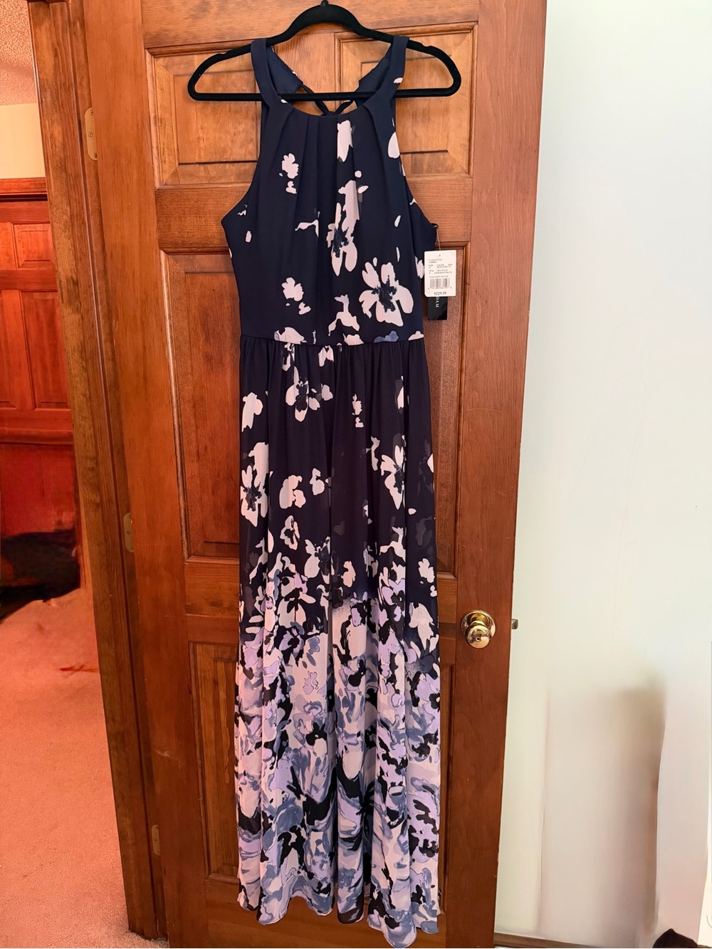 Betsy & Adam Navy Floral Chiffon Halter A-Line Maxi Gown Dress NWT Size 14